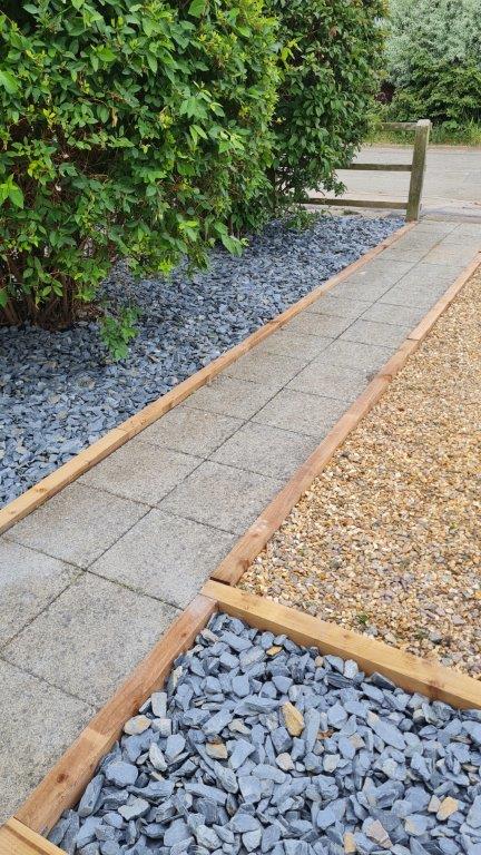 Old beds landscaped, new wooden frames and lovely slate chippings laid