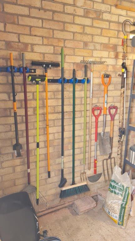 Garage racking shelves and tool hooks